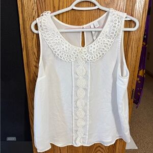 LC Lauren Conrad White Sleeveless Blouse with Crochet Trim